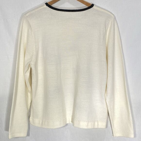 Womens Sweater Cream Black Embroidered Beaded Floral Trim Round Neck Size M - Picture 2 of 8